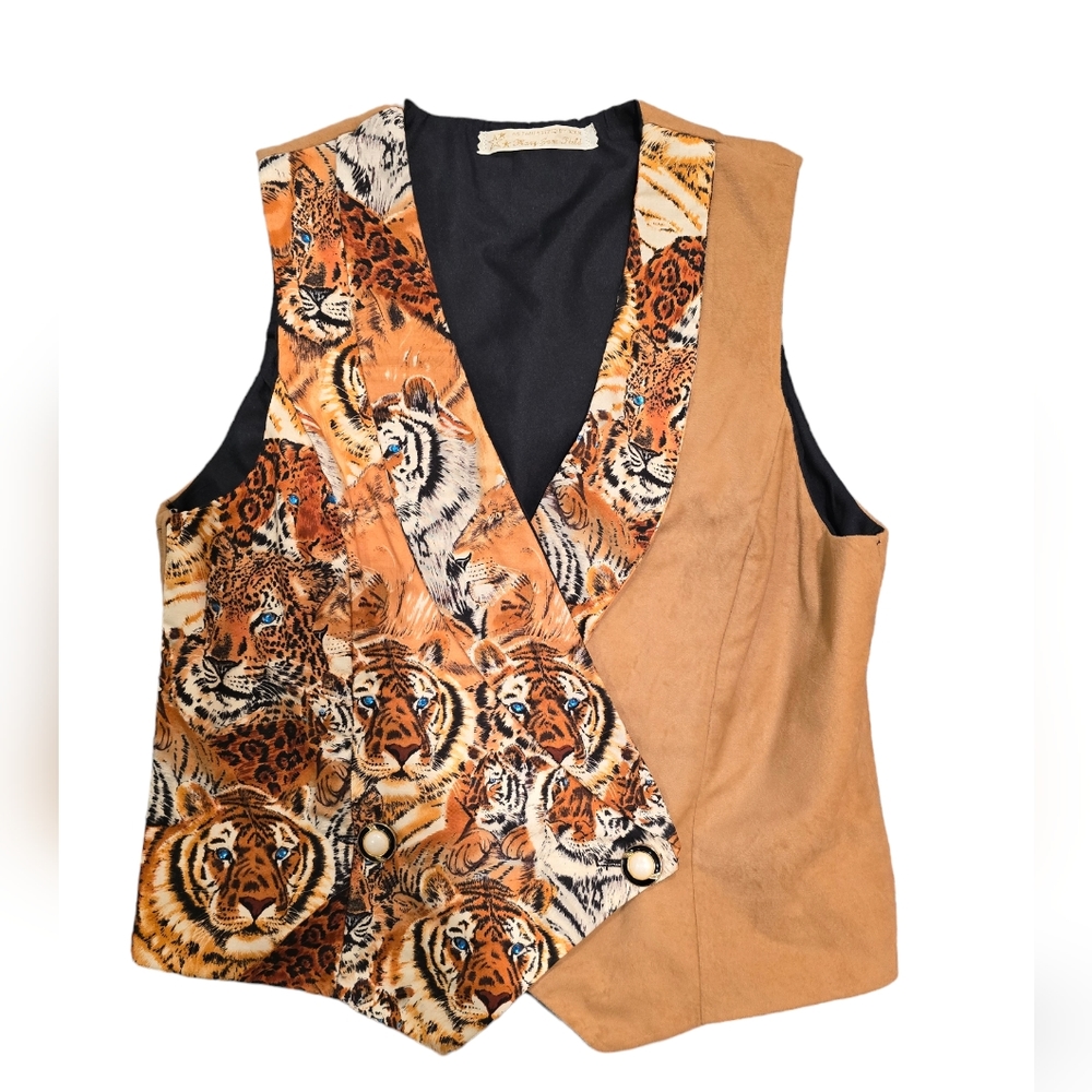 Vintage Mary Jane Field Tiger Bejeweled Suede Vest Size Large